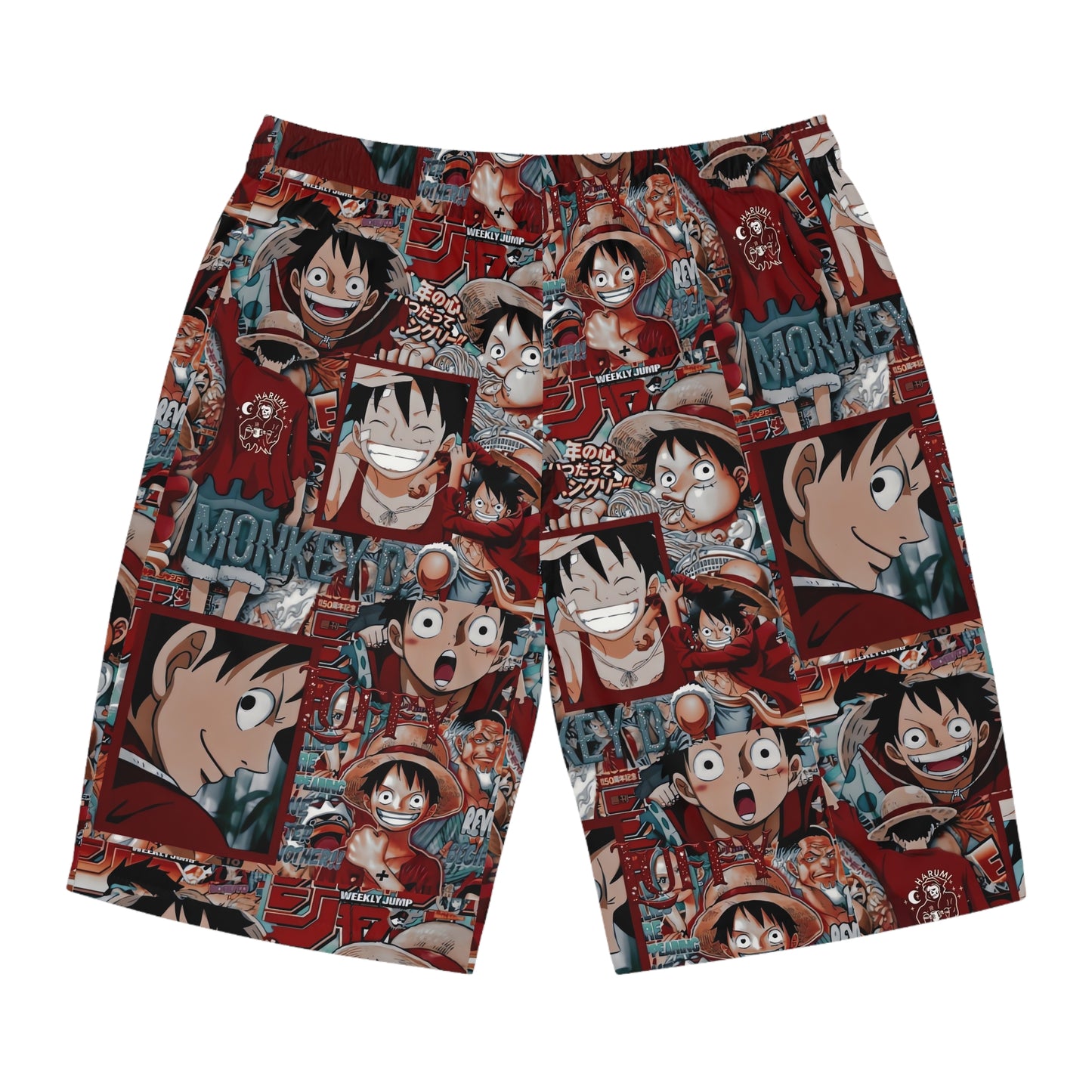 One Piece Anime Monkey D Luffy Red Collage Men's Board Shorts