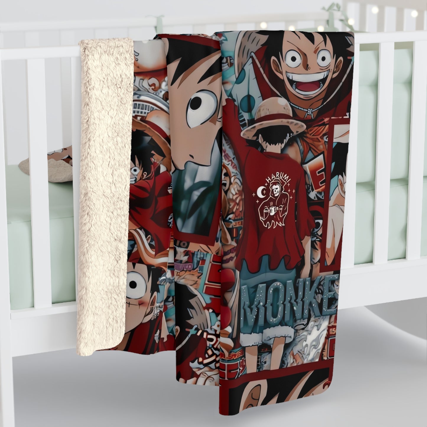 One Piece Anime Monkey D Luffy Red Collage Sherpa Fleece Blanket