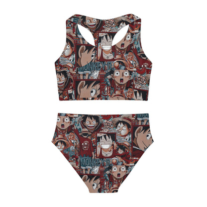 One Piece Anime Monkey D Luffy Red Collage Girls Two Piece Swimsuit