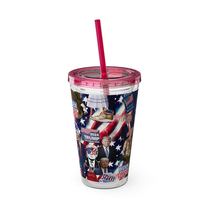 Donald Trump 2024 MAGA Montage Sunsplash Tumbler with Straw