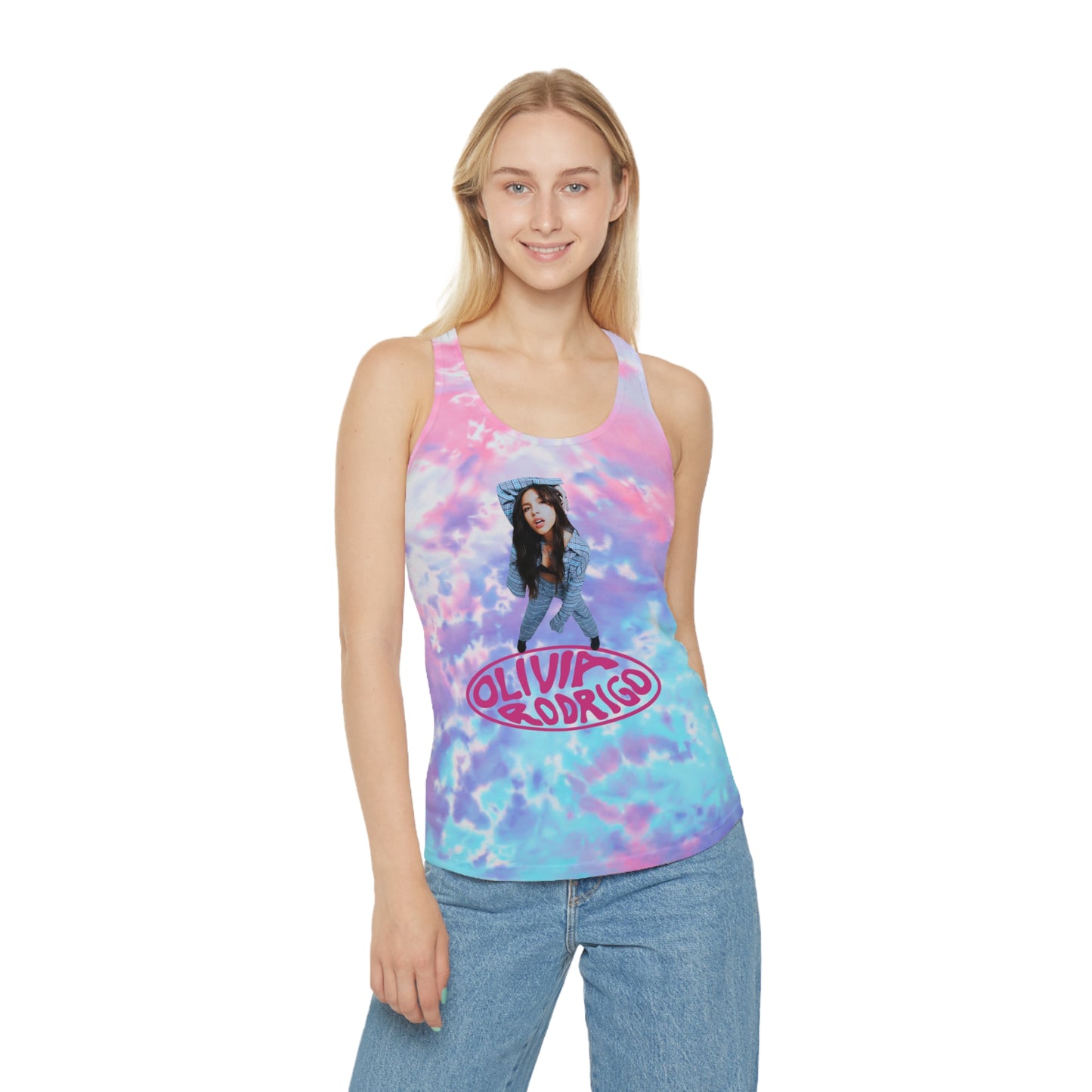 Olivia Rodrigo Look Up Pose Logo Tie Dye Racerback Tank Top