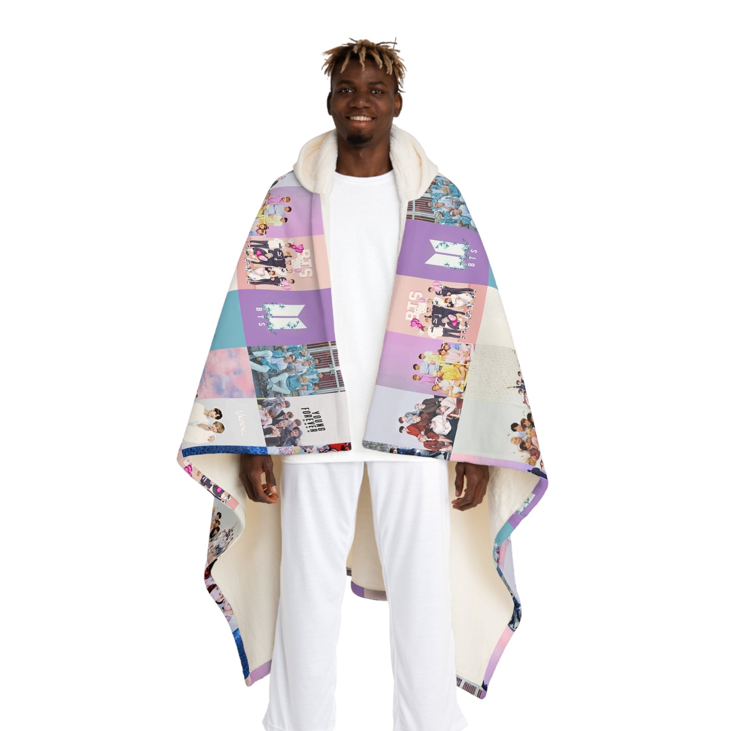 BTS Pastel Aesthetic Collage Hooded Sherpa Fleece Blanket
