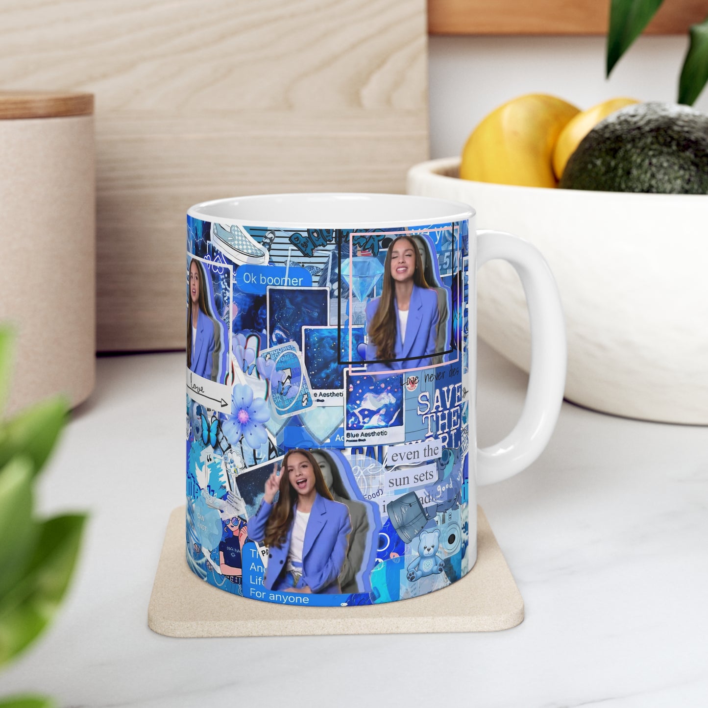 Olivia Rodrigo Blue Aesthetic Collage White Ceramic Mug