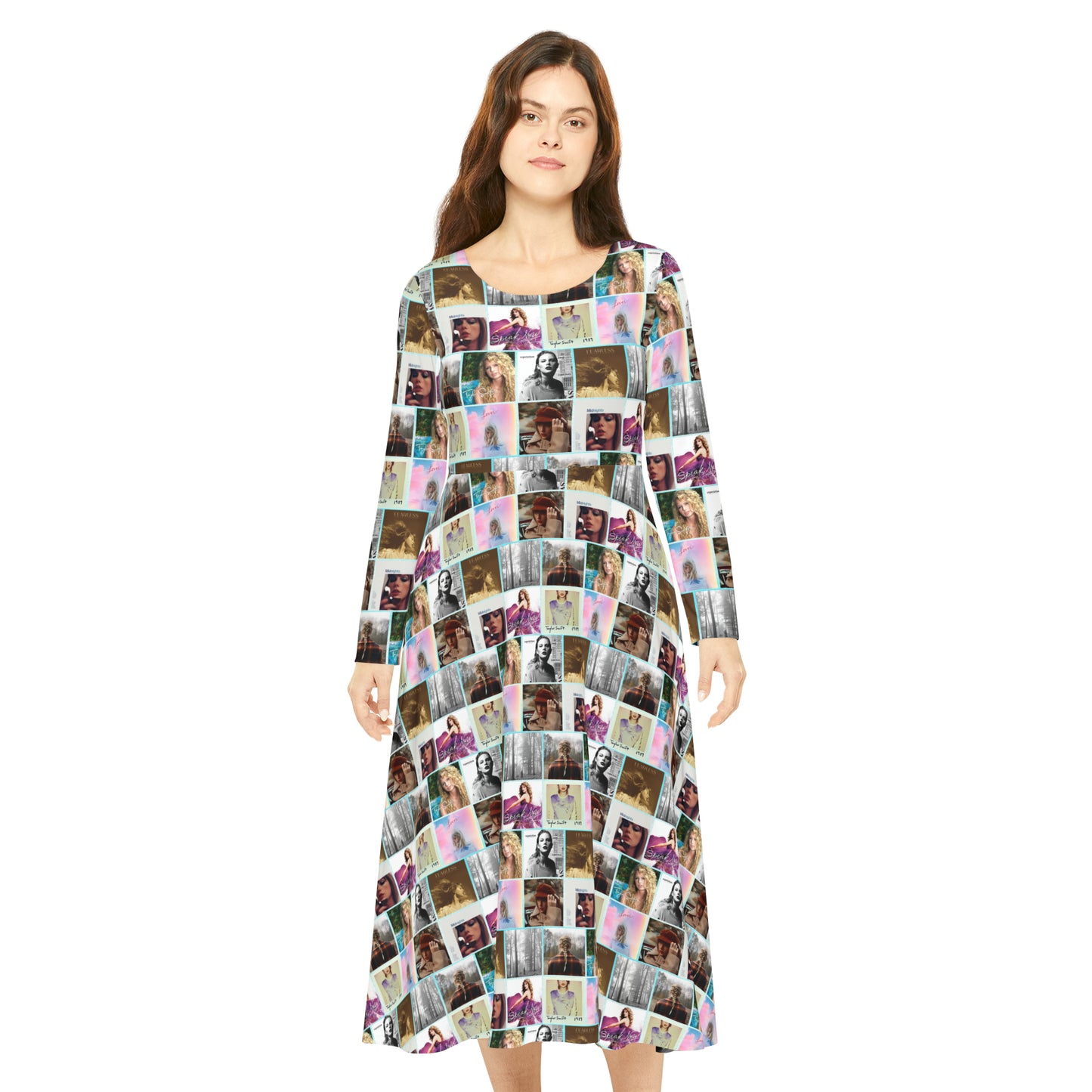 Taylor Swift Album Art Collage Pattern Women's Long Sleeve Dance Dress