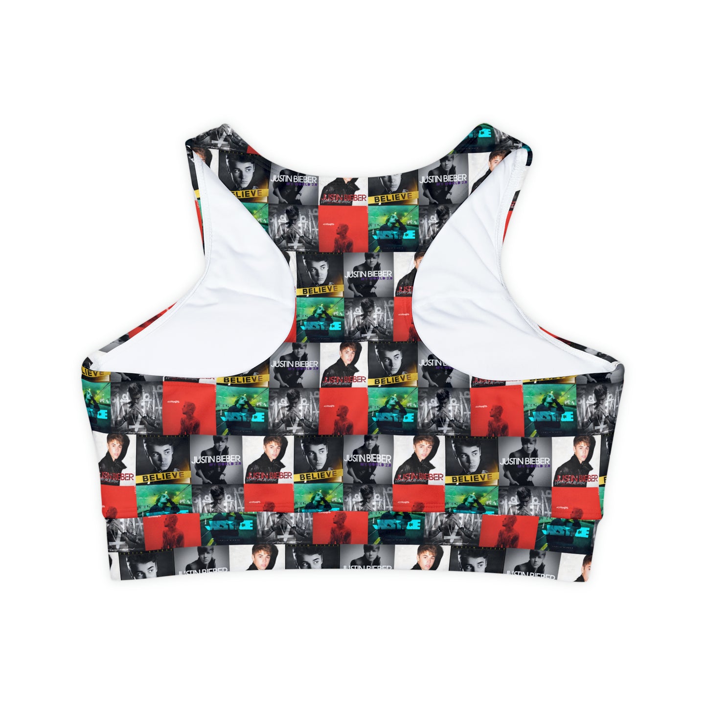 Justin Bieber Album Cover Collage Fully Lined Padded Sports Bra