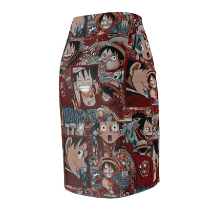 One Piece Anime Monkey D Luffy Red Collage Women's Pencil Skirt