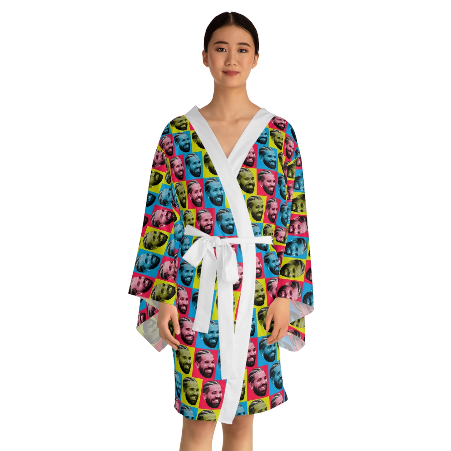 Drake Colored Checker Faces Long Sleeve Kimono Robe