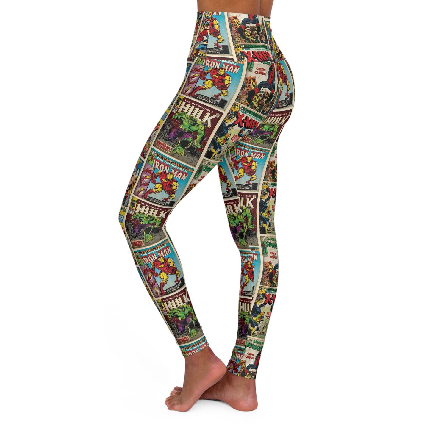 Marvel Comic Book Cover Collage High Waisted Yoga Leggings