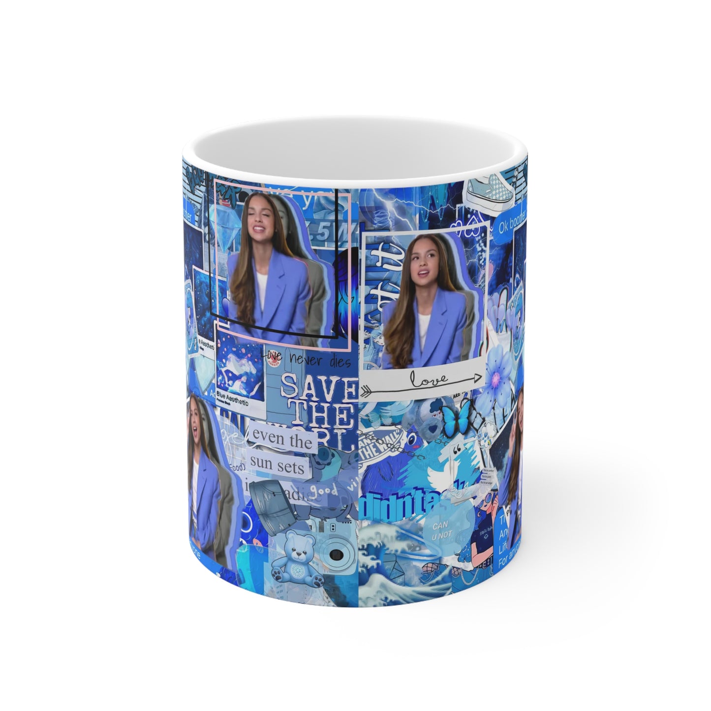 Olivia Rodrigo Blue Aesthetic Collage White Ceramic Mug