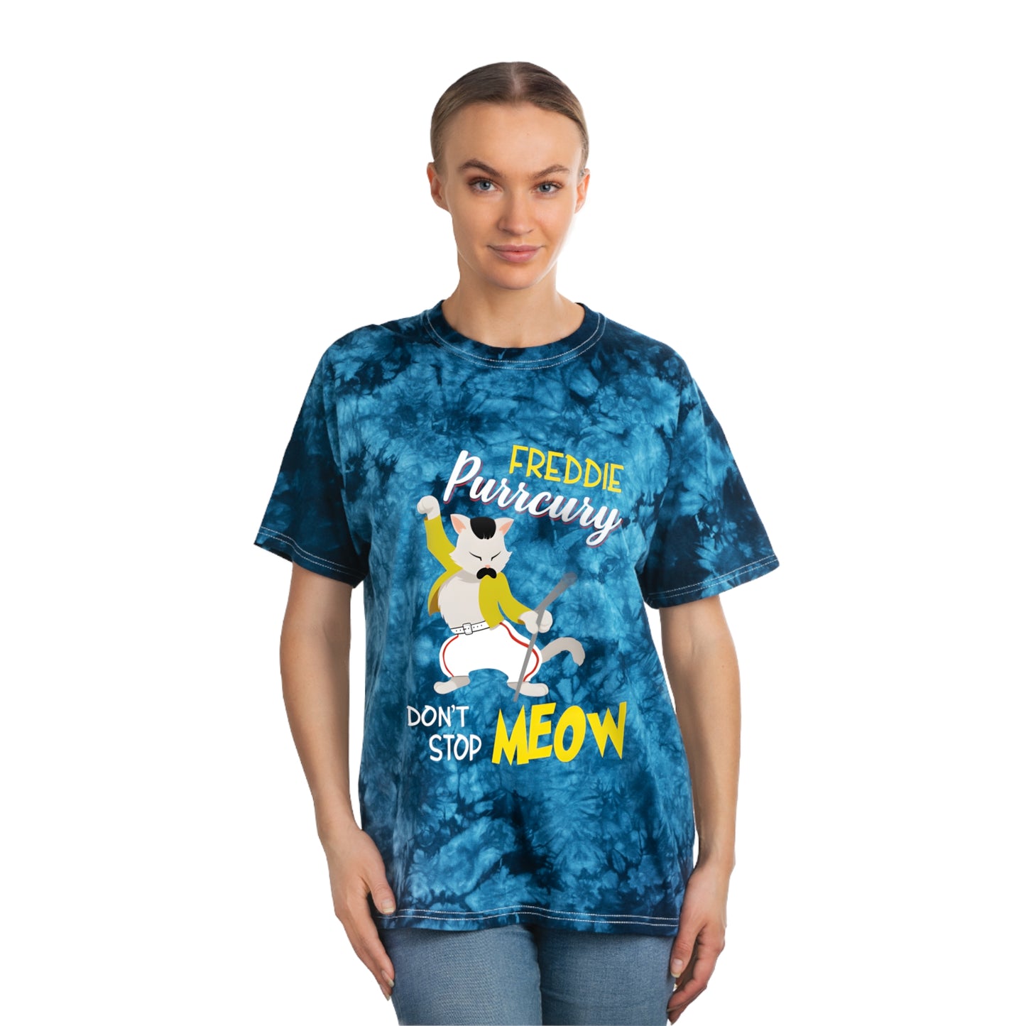 Queen Don't Stop Meow Freddie Purrcury Tie-Dye Tee, Crystal