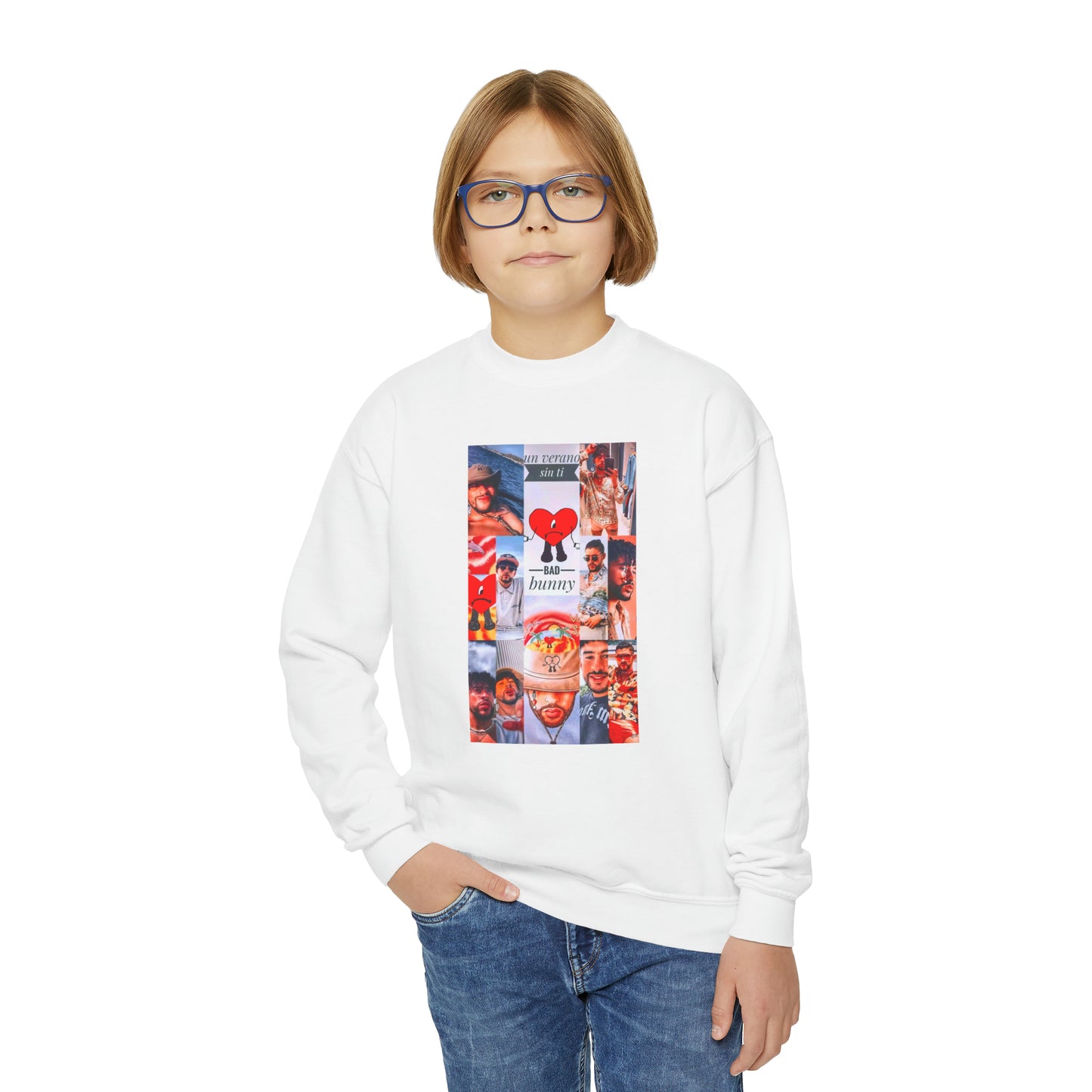 Bad Bunny Un Verano Sin Ti Photo Collage Youth Crewneck Sweatshirt