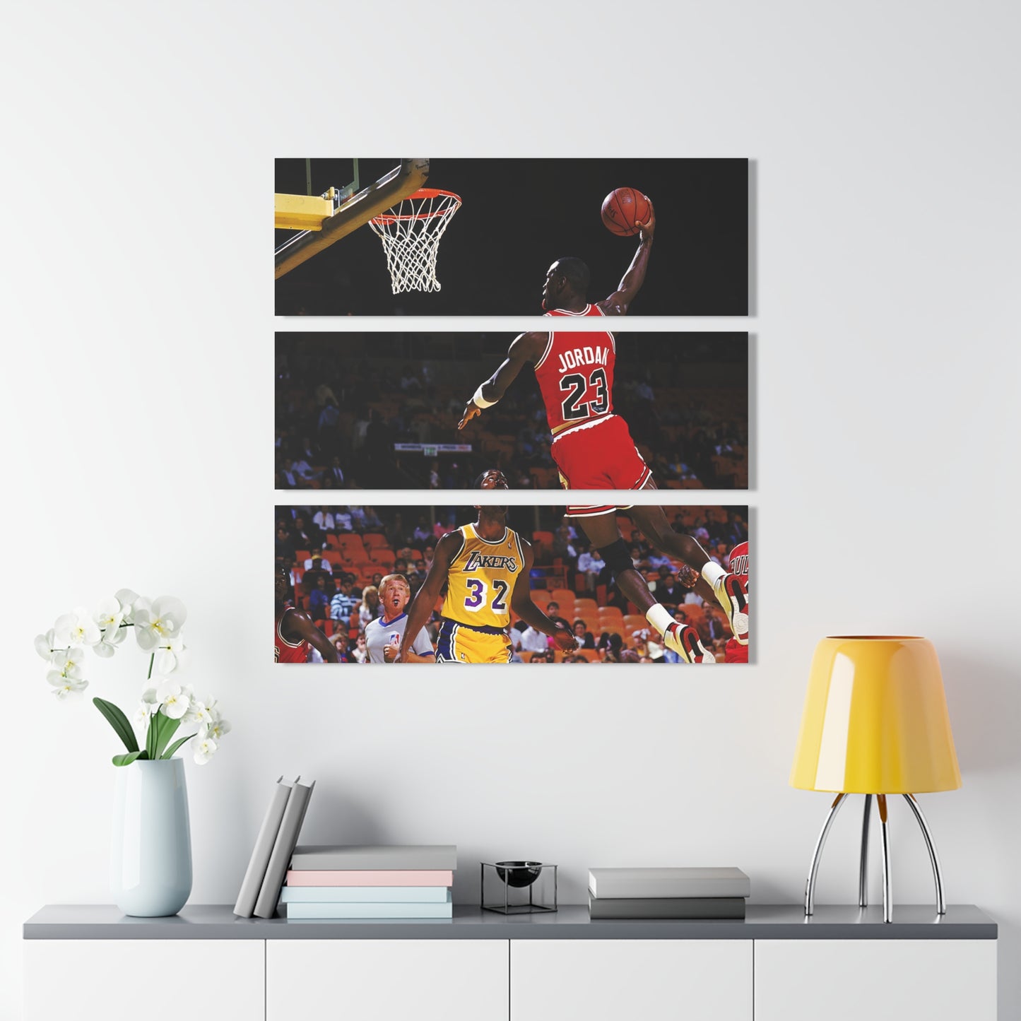 Michael Jordan Dunking On Magic Johnson Acrylic Triptych Print