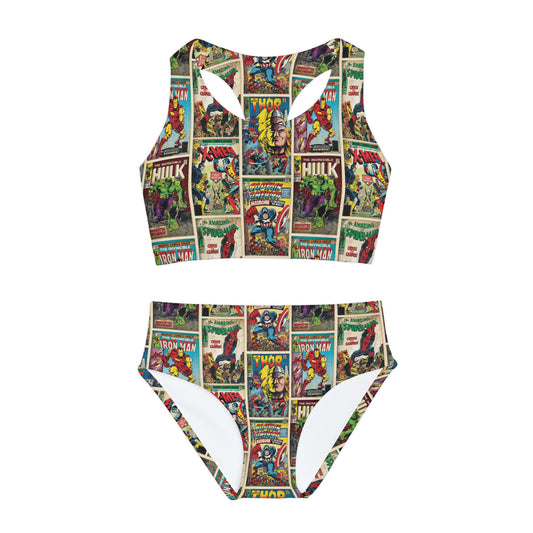 Marvel Comic Book Cover Collage Girls Two Piece Swimsuit