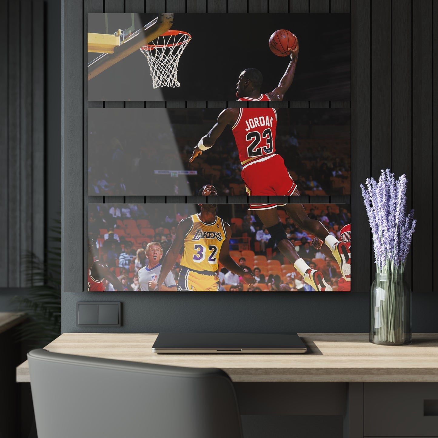 Michael Jordan Dunking On Magic Johnson Acrylic Triptych Print