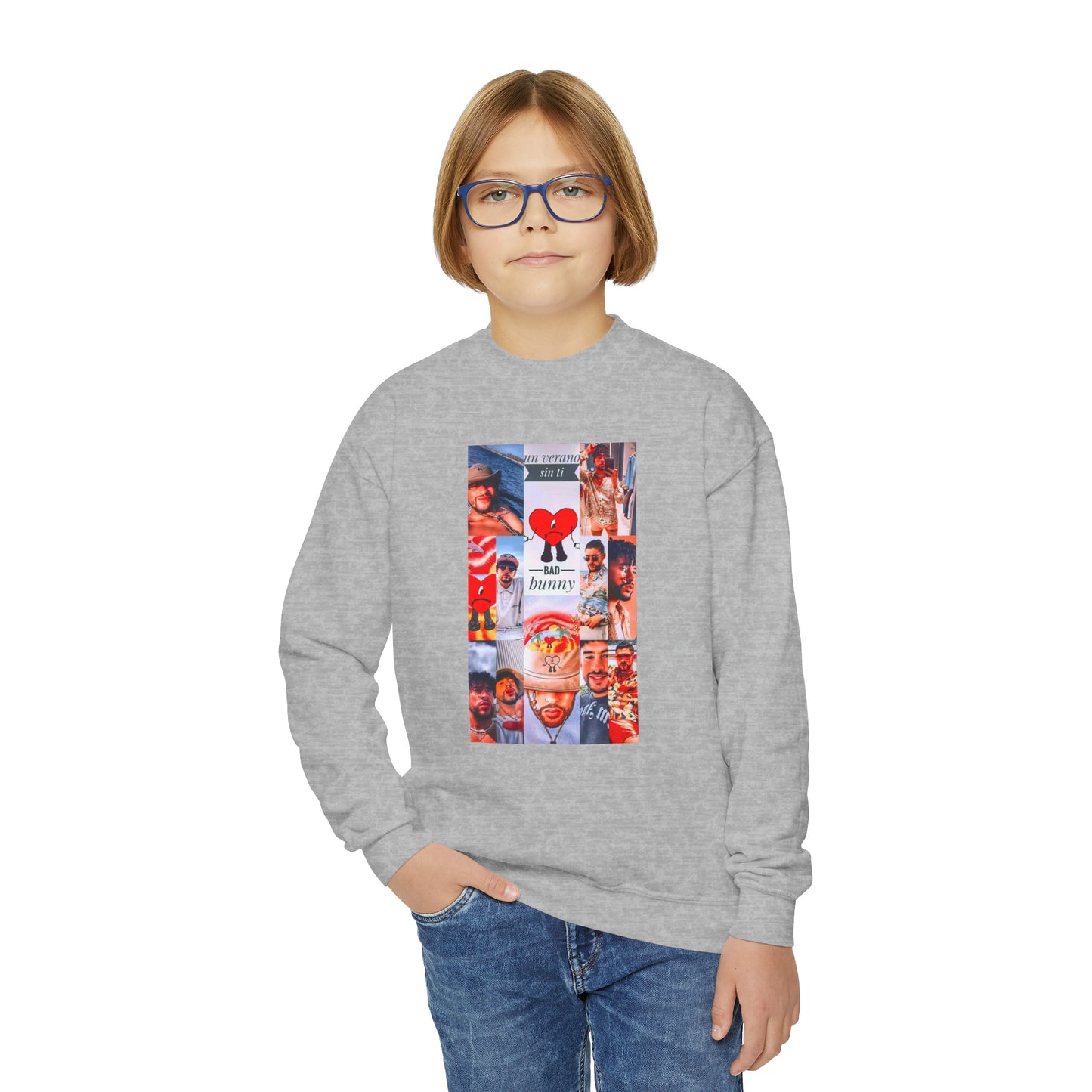 Bad Bunny Un Verano Sin Ti Photo Collage Youth Crewneck Sweatshirt