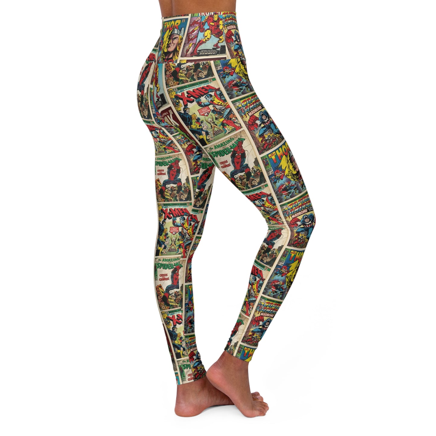 Marvel Comic Book Cover Collage High Waisted Yoga Leggings