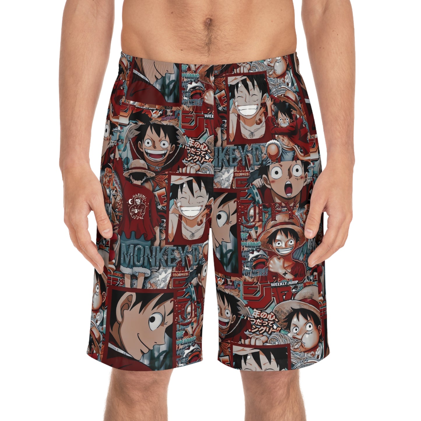 One Piece Anime Monkey D Luffy Red Collage Men's Board Shorts