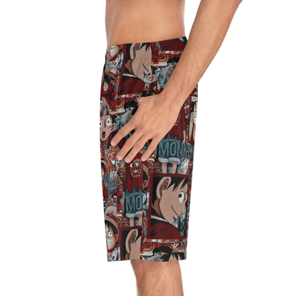 One Piece Anime Monkey D Luffy Red Collage Men's Board Shorts
