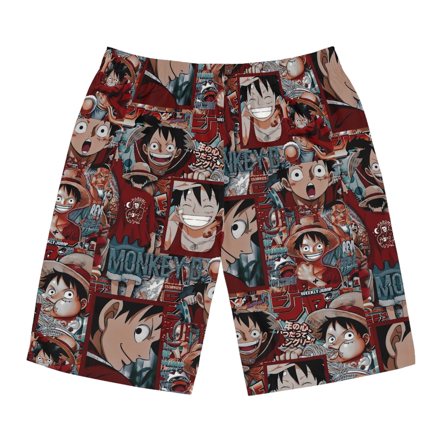 One Piece Anime Monkey D Luffy Red Collage Men's Board Shorts