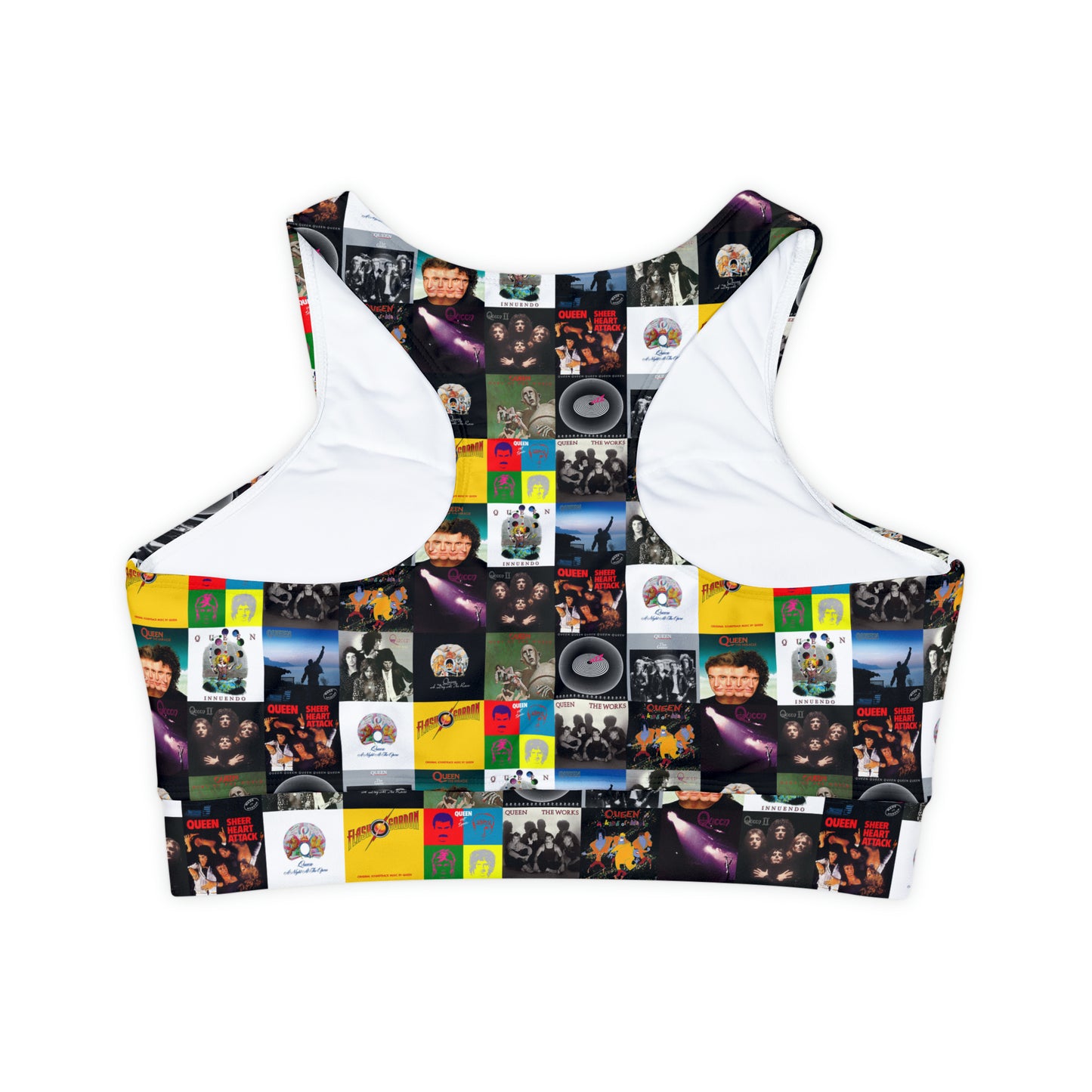 Queen Album Cover Collage Fully Lined Padded Sports Bra