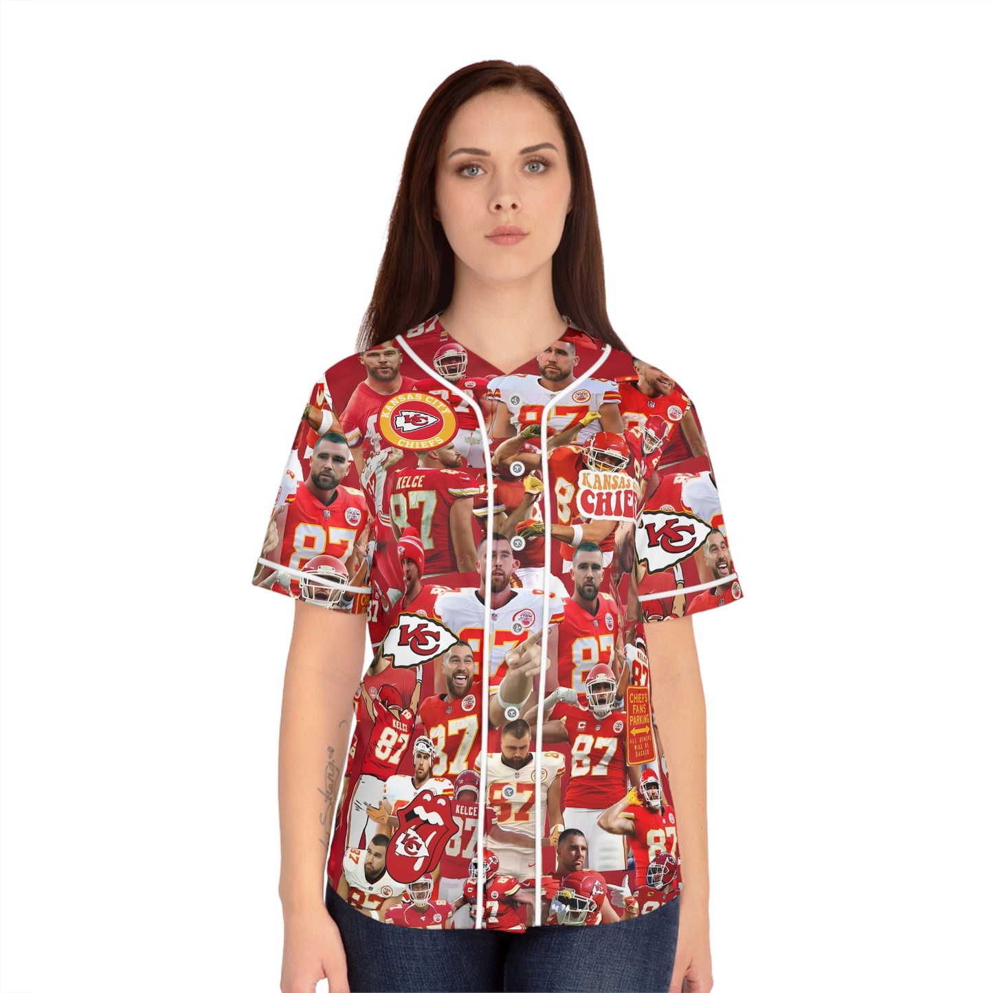 Travis Kelce Chiefs Red Collage Women's Baseball Jersey