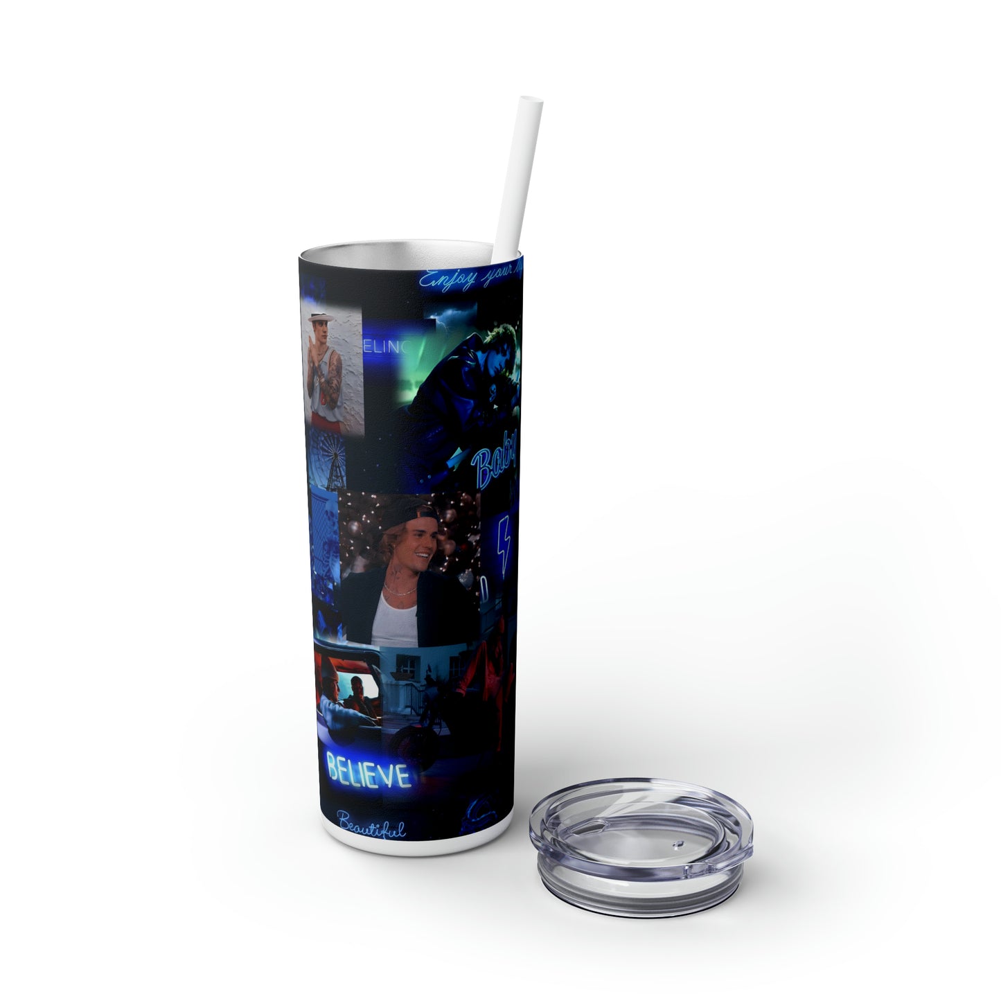 Justin Bieber Enjoy Your Life Collage Skinny Tumbler with Straw