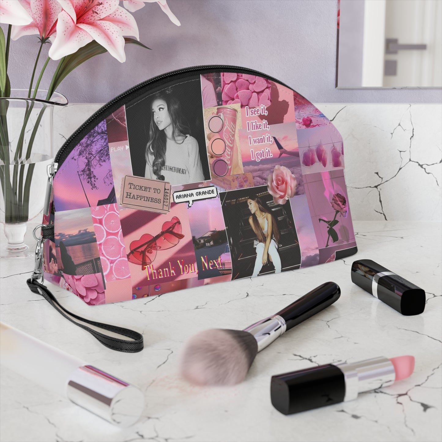 Ariana Grande Pink Aesthetic Collage Makeup Bag