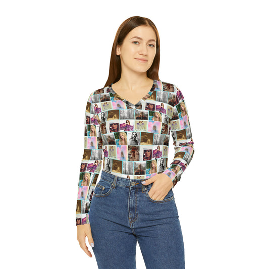 Taylor Swift Album Art Collage Pattern Women's Long Sleeve V-neck Shirt