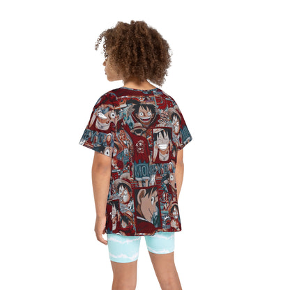 One Piece Anime Monkey D Luffy Red Collage Kids Sports Jersey