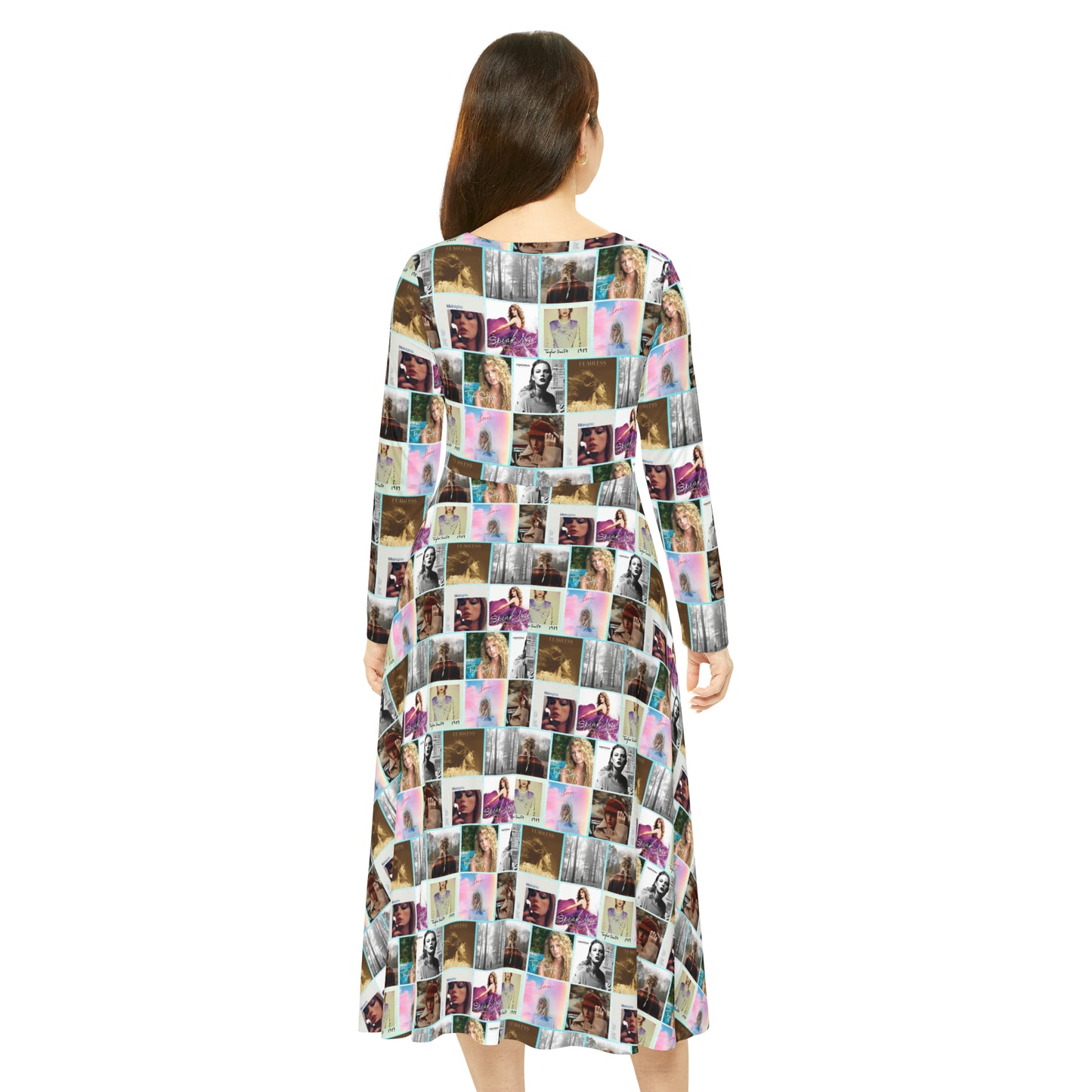 Taylor Swift Album Art Collage Pattern Women's Long Sleeve Dance Dress