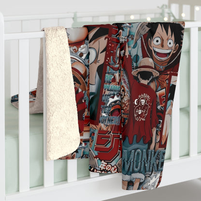 One Piece Anime Monkey D Luffy Red Collage Sherpa Fleece Blanket