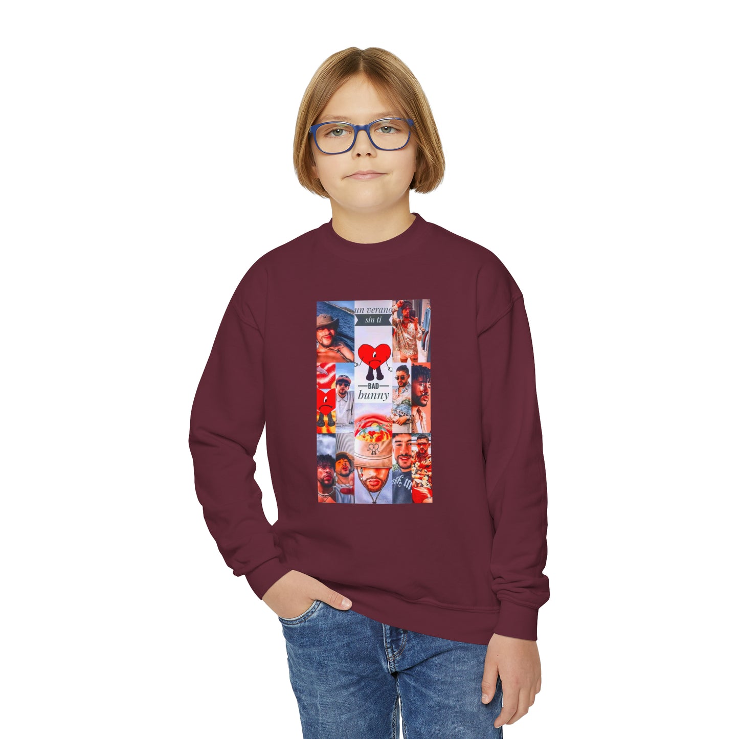 Bad Bunny Un Verano Sin Ti Photo Collage Youth Crewneck Sweatshirt