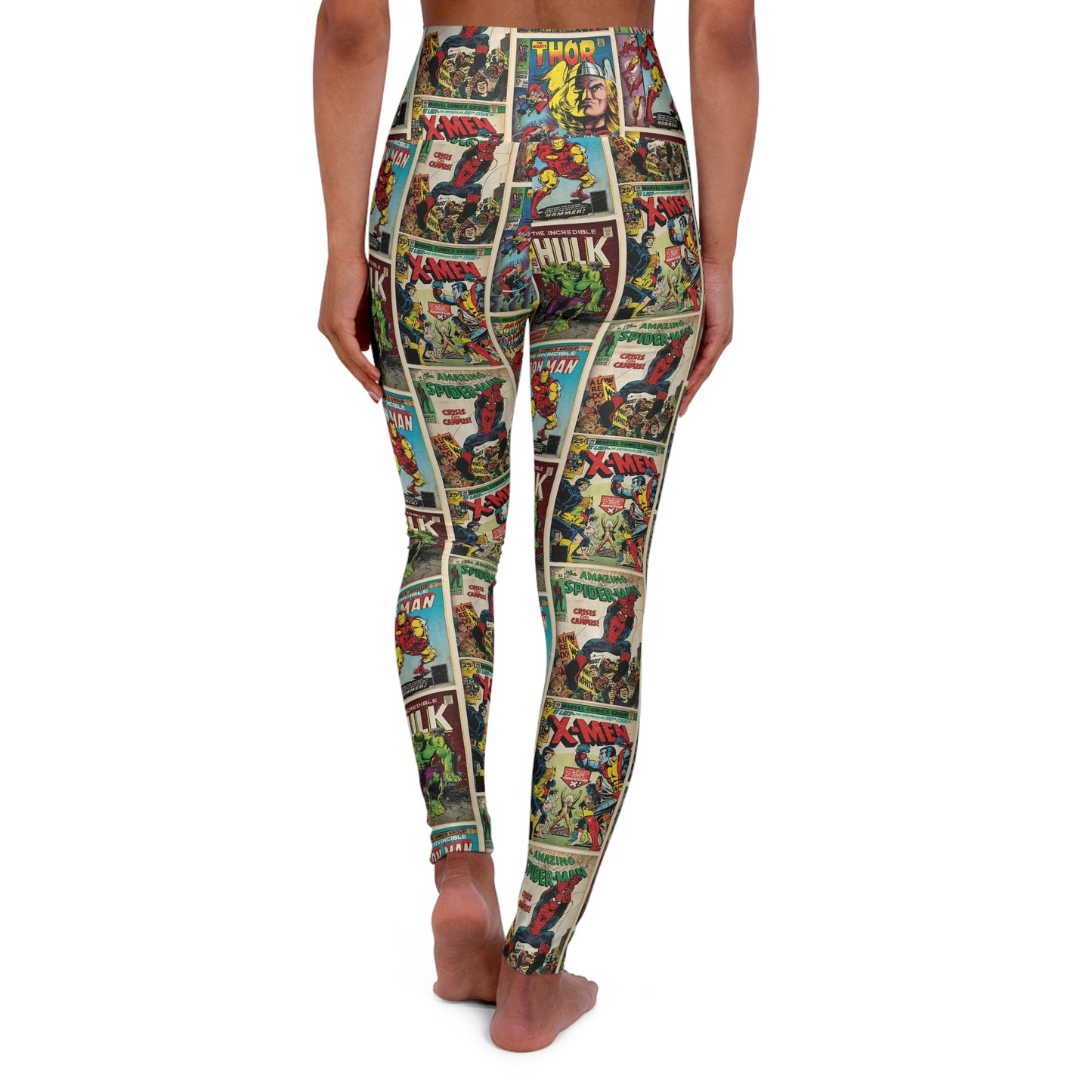 Marvel Comic Book Cover Collage High Waisted Yoga Leggings