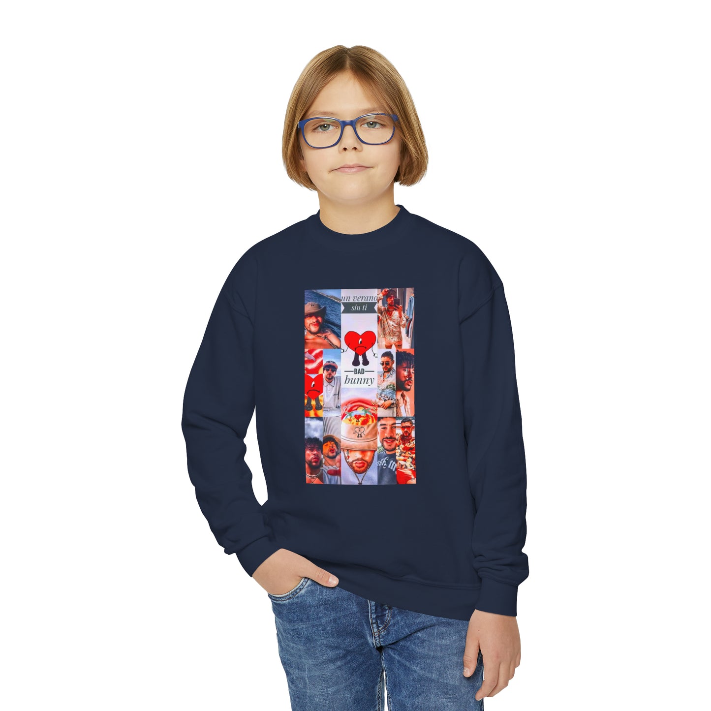 Bad Bunny Un Verano Sin Ti Photo Collage Youth Crewneck Sweatshirt