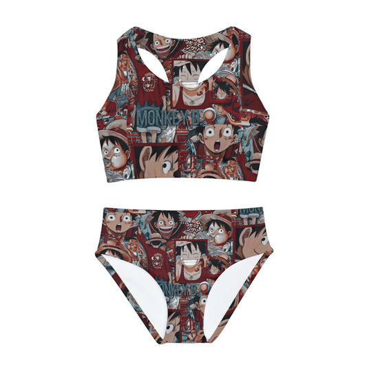 One Piece Anime Monkey D Luffy Red Collage Girls Two Piece Swimsuit