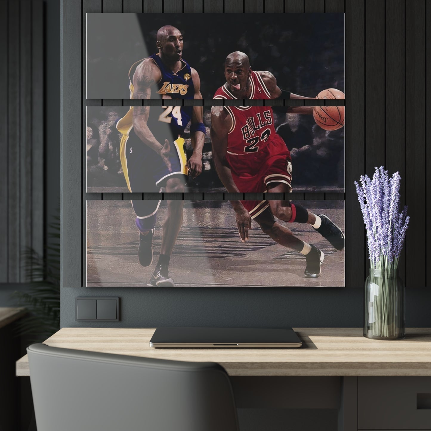 Michael Jordan Driving Against Kobe Bryant Acrylic Triptych Print