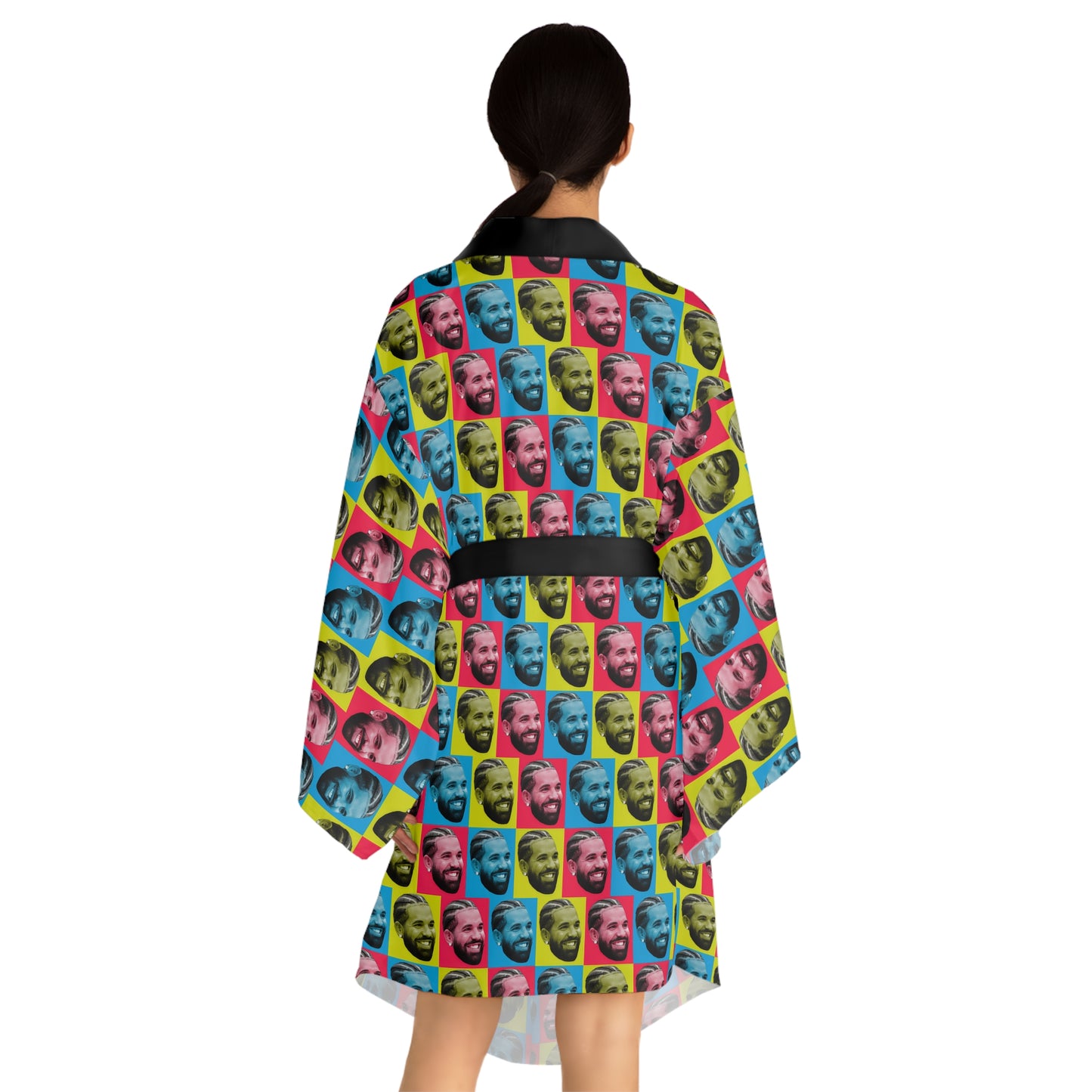 Drake Colored Checker Faces Long Sleeve Kimono Robe