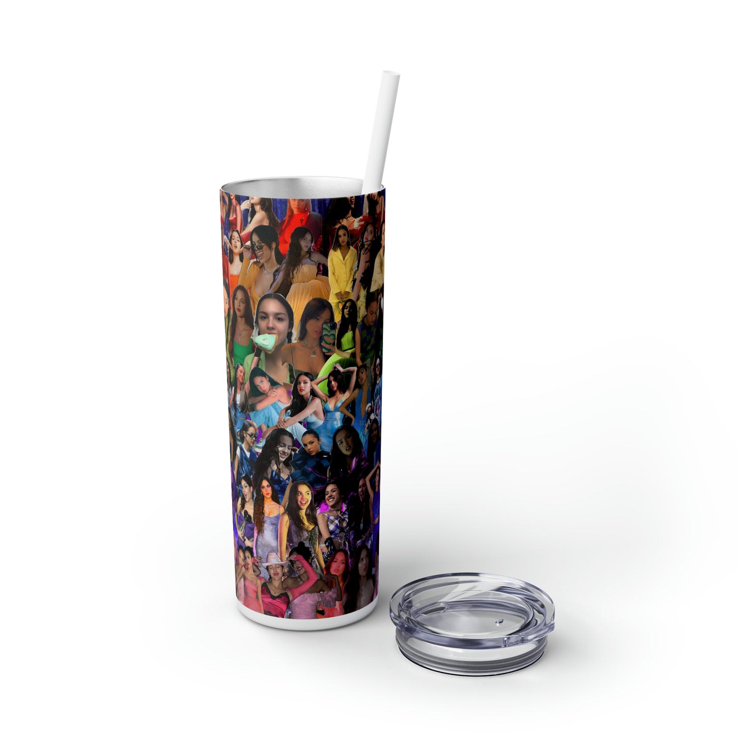 Olivia Rodrigo Rainbow Collage Skinny Tumbler with Straw