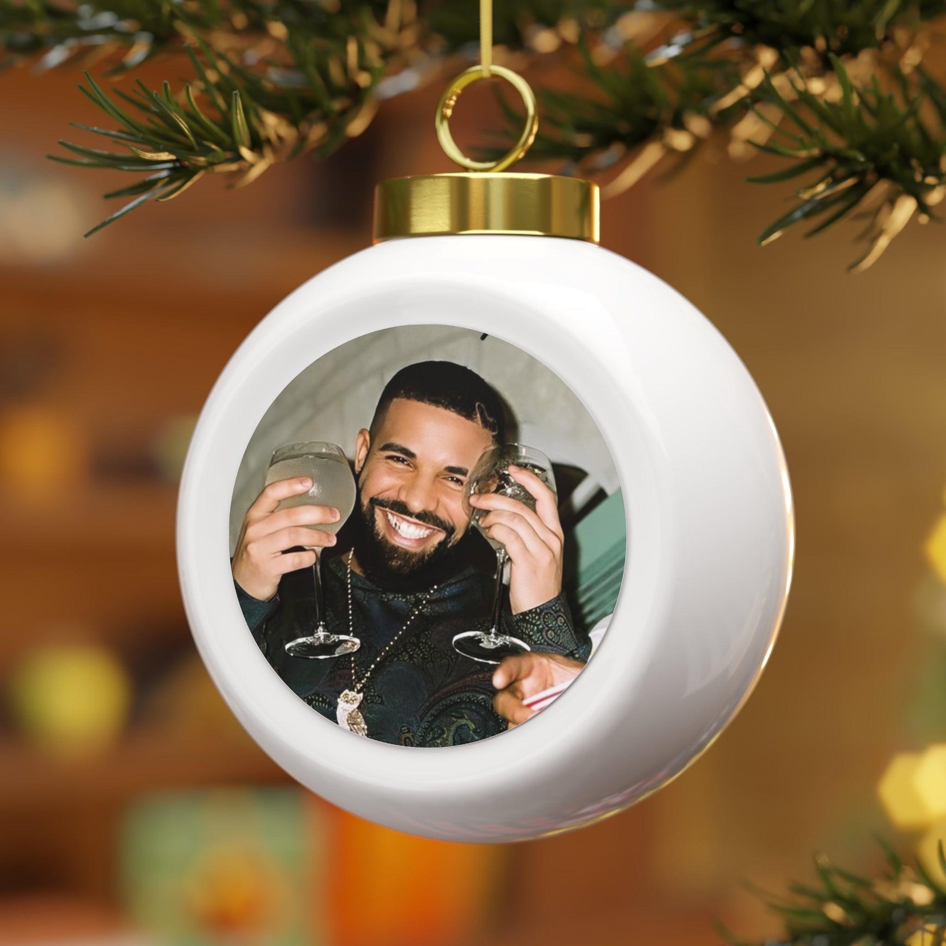 Drake Happy And Drinking Christmas Ball Ornament - Fandom Flair